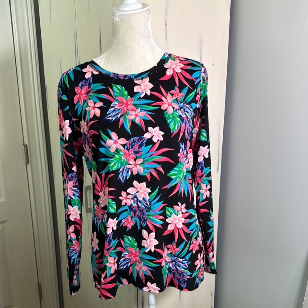Croft & Barrow Black and pink tropical Floral Swim Rashguard - Picture 1 of 7